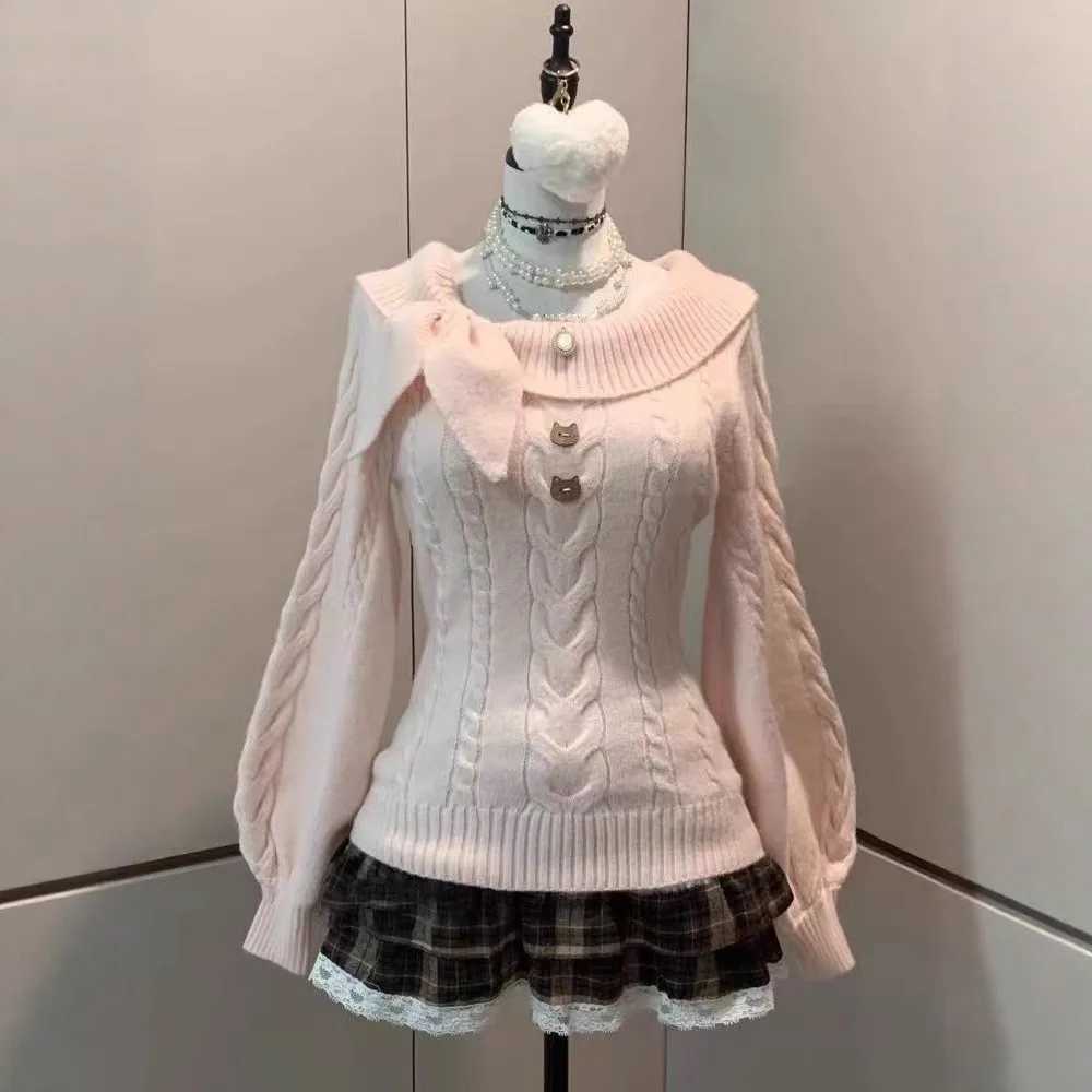 Women's Sweaters Preppy Style Women Bow Lantern Sleeve Off Shoulder Knitted Pullovers Korean CHIc Jumpers 2000s AesTHetic Knitwears H260923