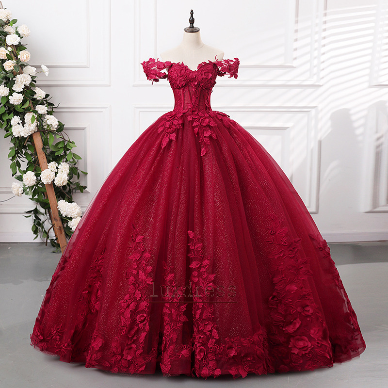Grazioso abito da ballo bordeaux Abiti Quinceanera con spalle scoperte Appliques Fiori Ragazze Dolce 16 Abiti da festa di compleanno Abiti da 15 ano