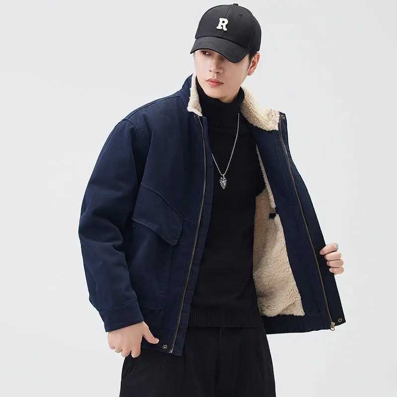Men's Down Parkas Men Winter American Vintage Lamb Inner Warm Stand Collar Cargo Jacket Loose Casual Bomber Coat Parkas Jacket Outerwear C26092