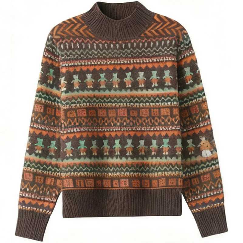 Women's Sweaters Jacquard semi-high neck sweater female fall and winter new fashion literary retro chic elegant thickening bottoming knitwear D