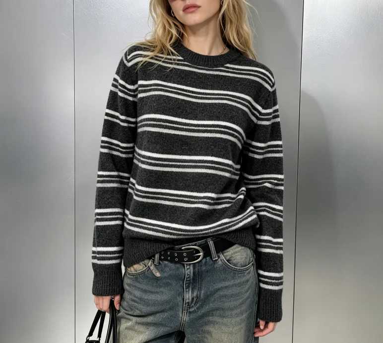 Women's Sweaters Women's Oversized Striped Knit Sweater Autumn Winter Casual Crewneck Pullover Vintage Style H260923