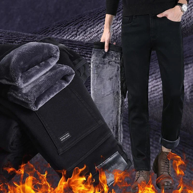 Men Fleece Lined Straight Jeans Male Winter Warm Denim Pants Elasticity Comfortable Casual Loose Thickened Black Trousers 260923