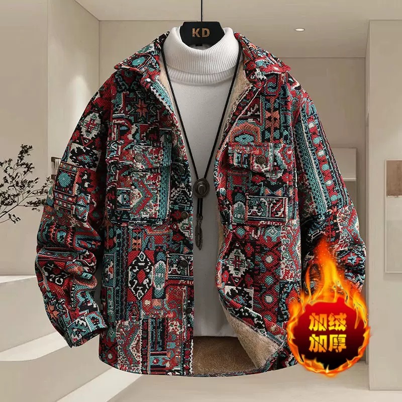 Winter Fashion Trend Printed And Plush Thick Warm For Men's Casual Loose Retro Sports High-Quality Plus Size Jacket