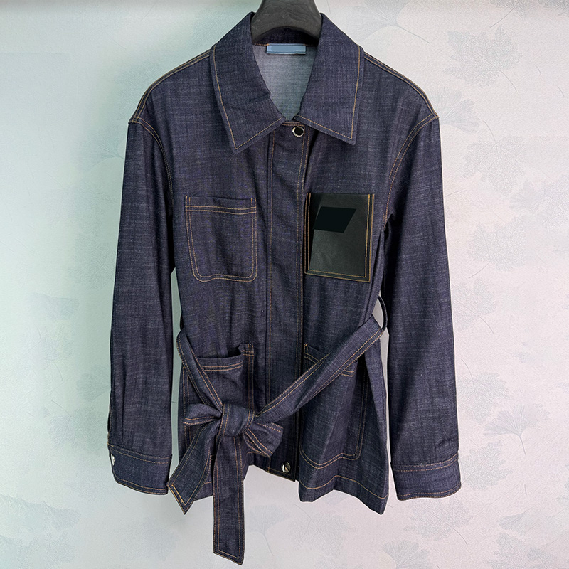 Lapel Belted Raw Denim Jacket For Women Washed Slim Fit Casual Overcoat Autumn Business Commuter Style Coats