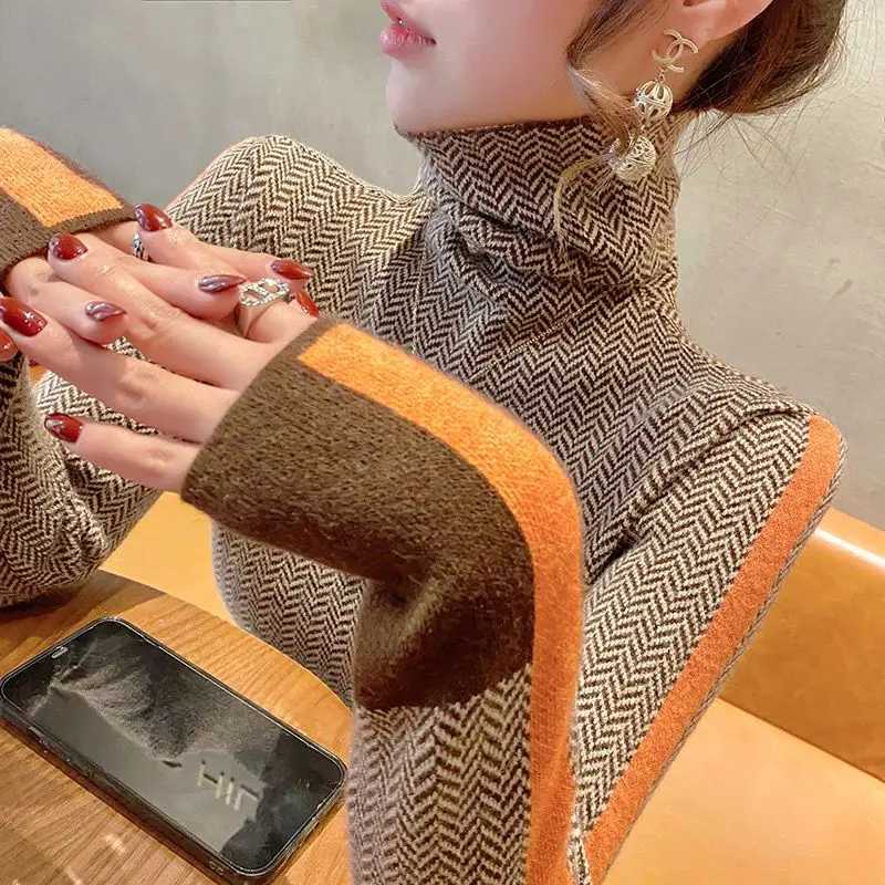 Women's Sweaters Women's Clothing Vintage All-match Patchwork Knit Pullover Autumn Winter New Fashion Slim Long Sleeve Mock Neck Sweater L