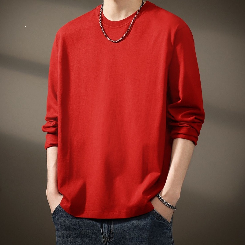 Red long-sleeved T-shirt for men, new spring/autumn collection, round neck, suitable as an inner layer, loose fit, plus size, solid color top
