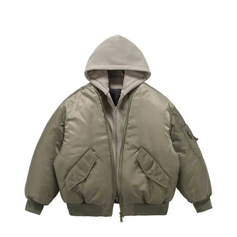 Two Men's Down Parkas Fake Pilot Cotton Jackets Mens Winter New High Street Trend Thickening Hooded Bomber Coats Multiple Pockets Short Parkas