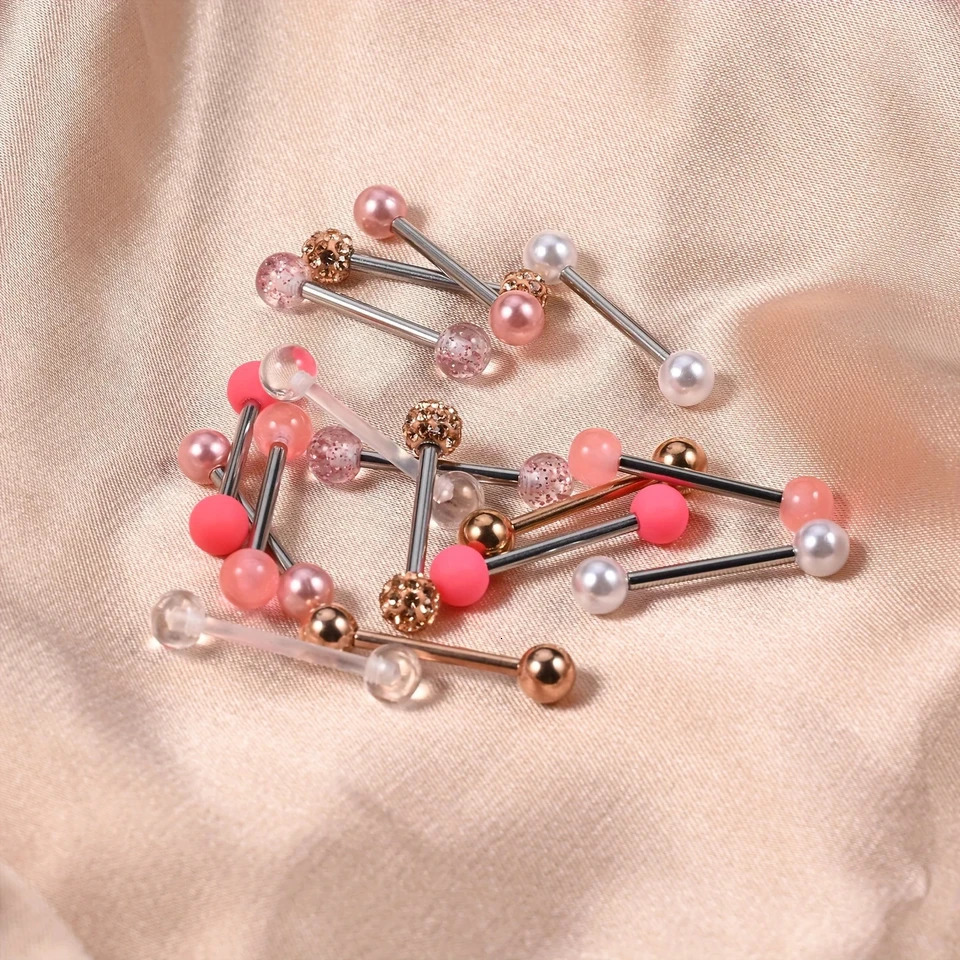 14pcs Pink Blue Stainless Steel 14G Tongue Rings Set Tongue Barbell Jewelry Ear Cartilage Helix Studs Sexy Nipple Piercings 260922