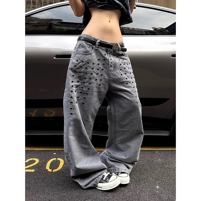 ZHIZOU Women Baggy Rivet Jeans Grunge Abi Wide Fit Denim Pants Streetwear Y2K Japanese Harajuku 2000s American Retro Punk 260922