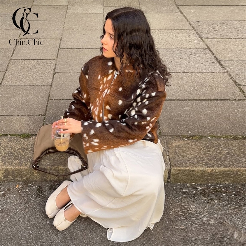 Cropped Faux Fur Womens Jacket Deer Spot Print Long Sleeve Coat for Woman Loose Outerwear 2026 Winter Fashion Streetwear Coat 260923