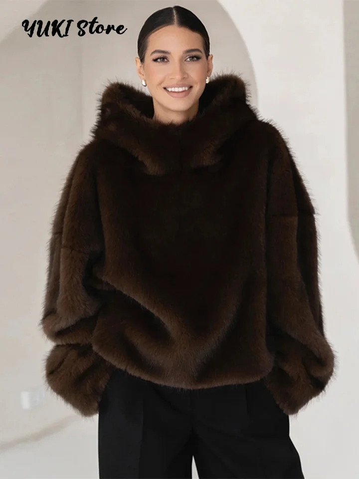Furry Hooded Faux Fur Coats Women Loose Long Sleeve Warm Brown Pullovers 2026 Autumn Winter Lady Street Fashion Outwear 260923