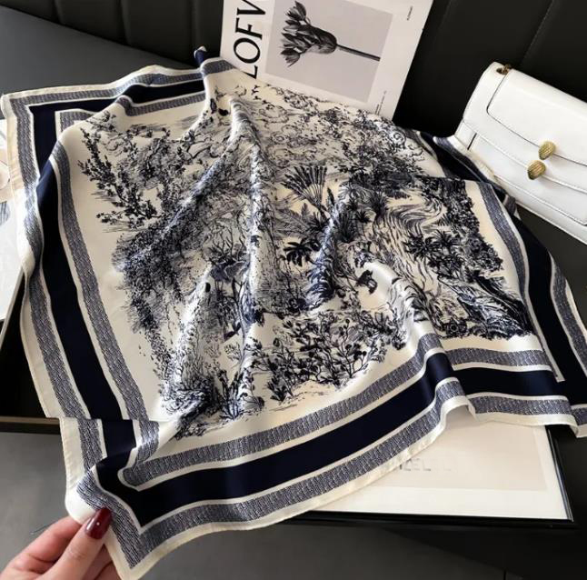 Jungle Designer Vintage Scenery Print Satin Scarf Navy Border Elegant Womens Neck Accessory For Daily And Formal Outfit Matching70X70CM