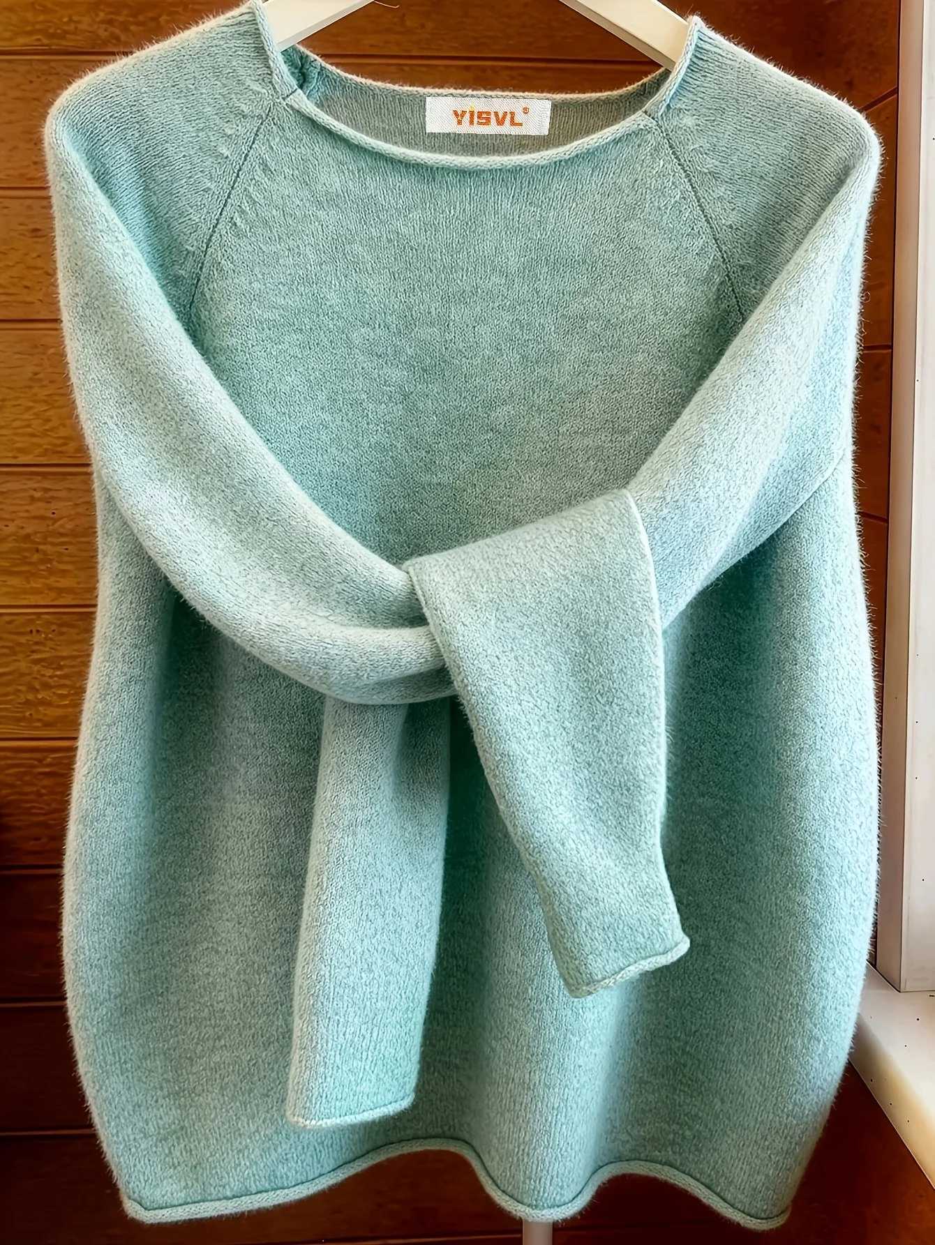 Women's Sweaters Solid Color Simple Cuffed Crew Neck Fuzzy Knit Sweater Top Loose Casual Versatile Womens Sweater for Spring Autumn Fashion D26