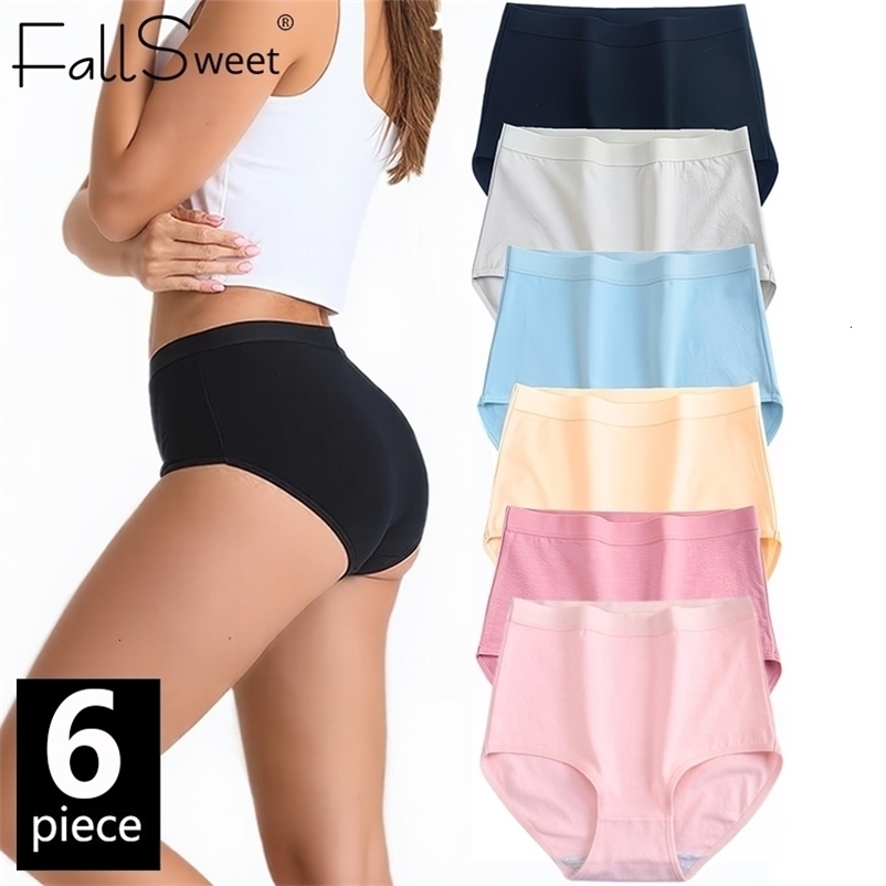 FallSweet 6PCS Plus Size Womens Cotton Panties Seamless Briefs Soft Thin Breathable Underwear Solid Underpants Female Lingerie 260922