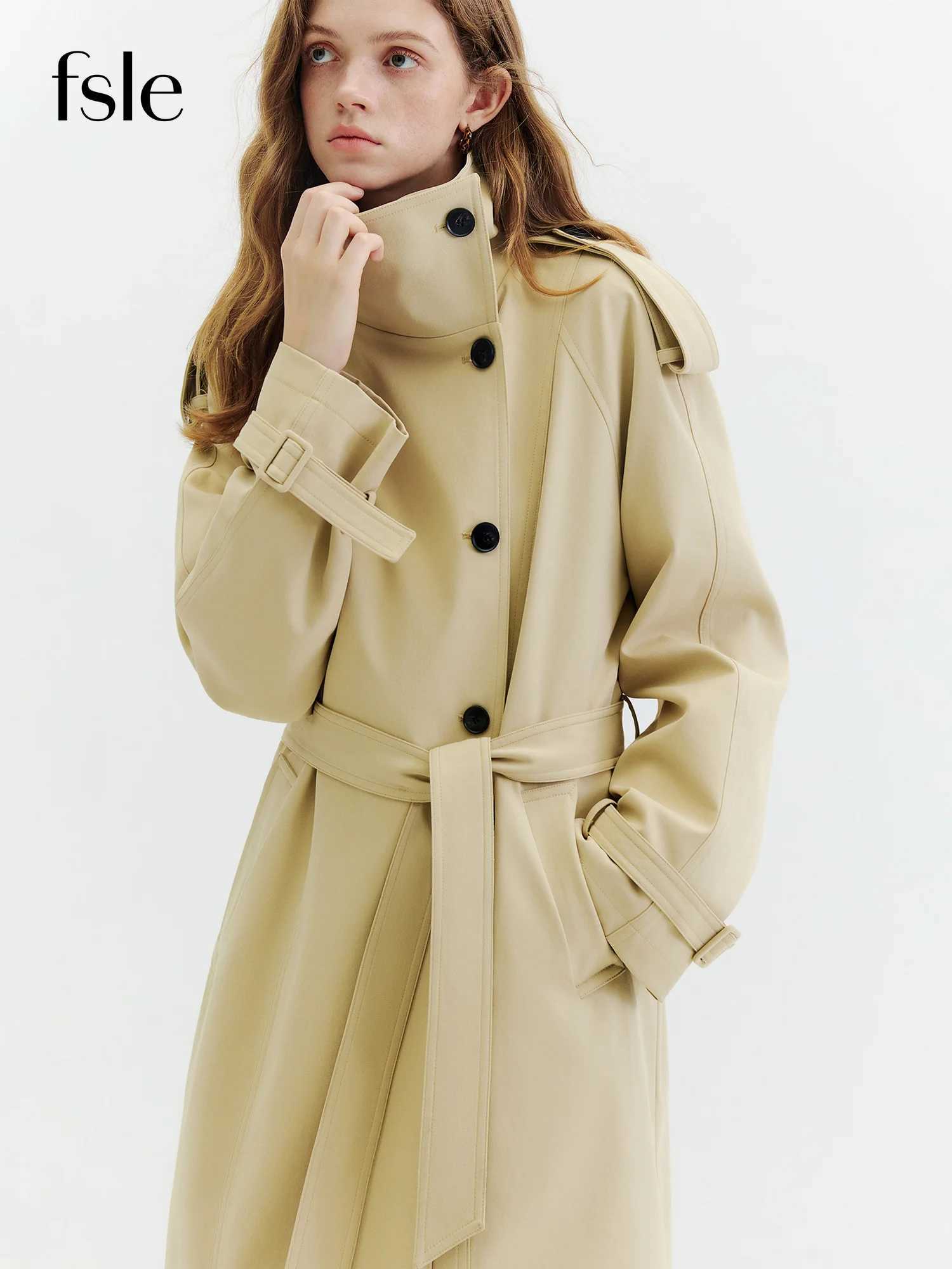 FSLE Autumn British Style Trench Coat Women Black Khaki Double Breasted Belted Lapel Short Long Windproof Commute Outerwear Coat M260922