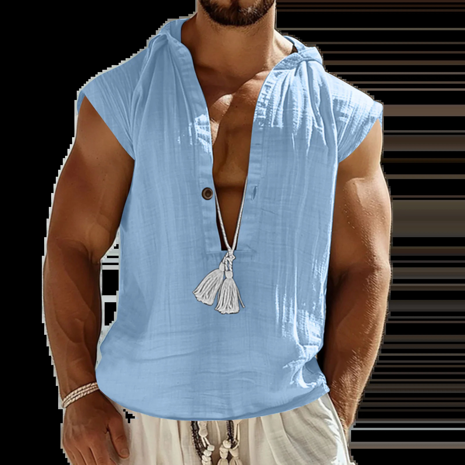 Summer Men Vintage V-Neck Sleeveless Shirt Linen Hooded Vest Casual Loose Breathable Solid Color Daily Leisure Tops For Men 260922