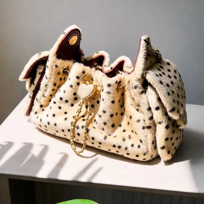 Cross Body Leopard Print Faux Fur Bucket Bag Winter fashion Fluffy Drawstring Shoulder Chain Crossbody Handbag D260923