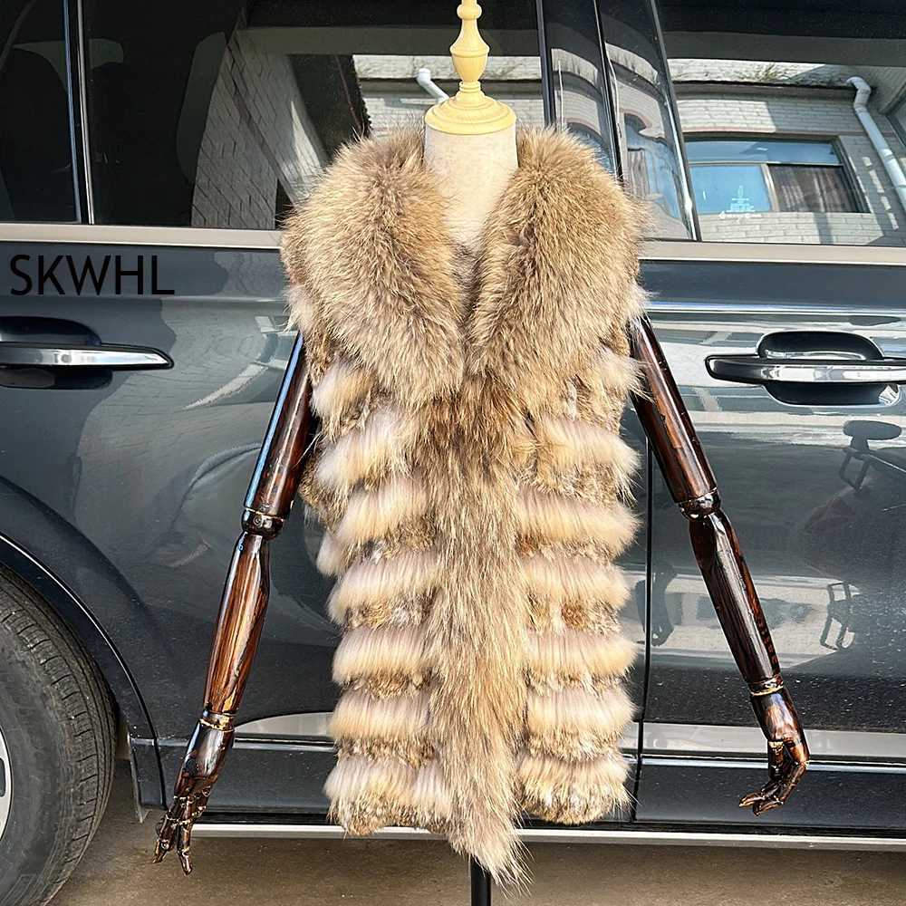 Women Knitted Handmade Rabbit Fur Vest Gilet Slveless Garment Waistcoat Female Natural Raccoon Fur Coat Jacket M260922