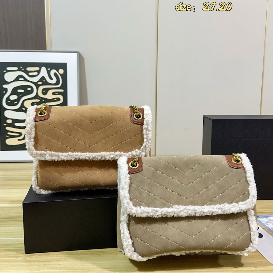 Women's Autumn Winter Fuzzy Shearling Trim Suede Shoulder Bag V Chevron Quilted Flap Handbag Gold Metal Chain Crossbody Purse Luxury Fashion La
