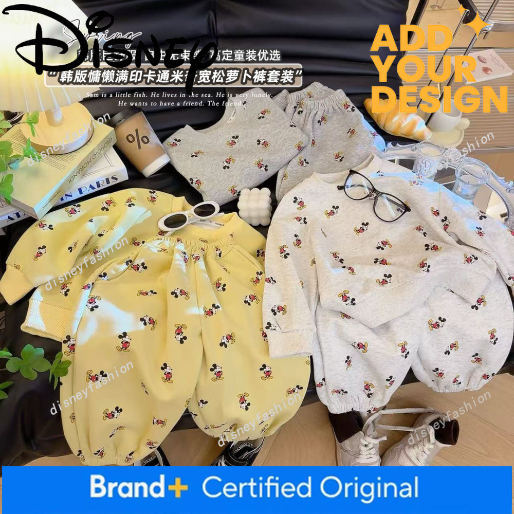 New spring autumn collection of unisex sweatshirt sets for boys girls, featuring Mickey Mouse all-over print, casual sporty style, and a two-piece s