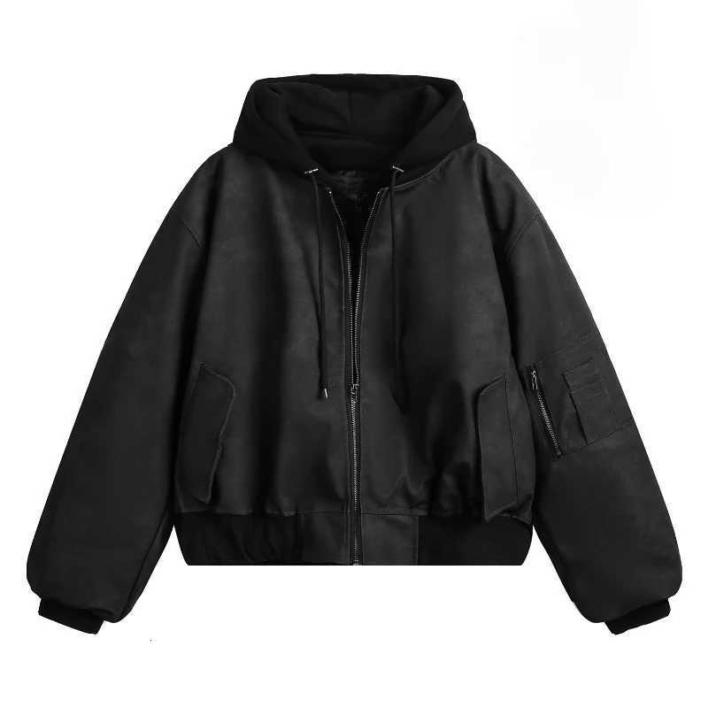 Motorcycle Parkas Thicken Men's Down Hooded Leather Jacket Mens Winter Fake Two Pieces Fashion Hip Hop Warm Parkas Pilot Bomber Cotton Coats C2