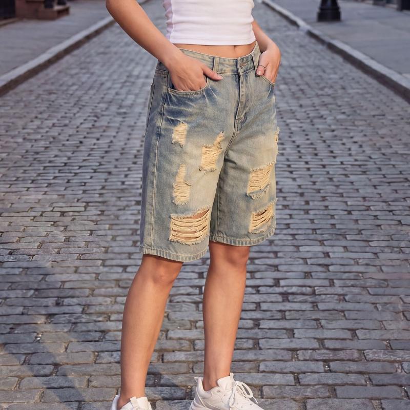 Ladies Vintage Washed Ripped Denim Shorts High Waist Frayed Cut Detail Button Closure Relaxed Fit Streetwear Bermuda Jean Shorts With Pockets