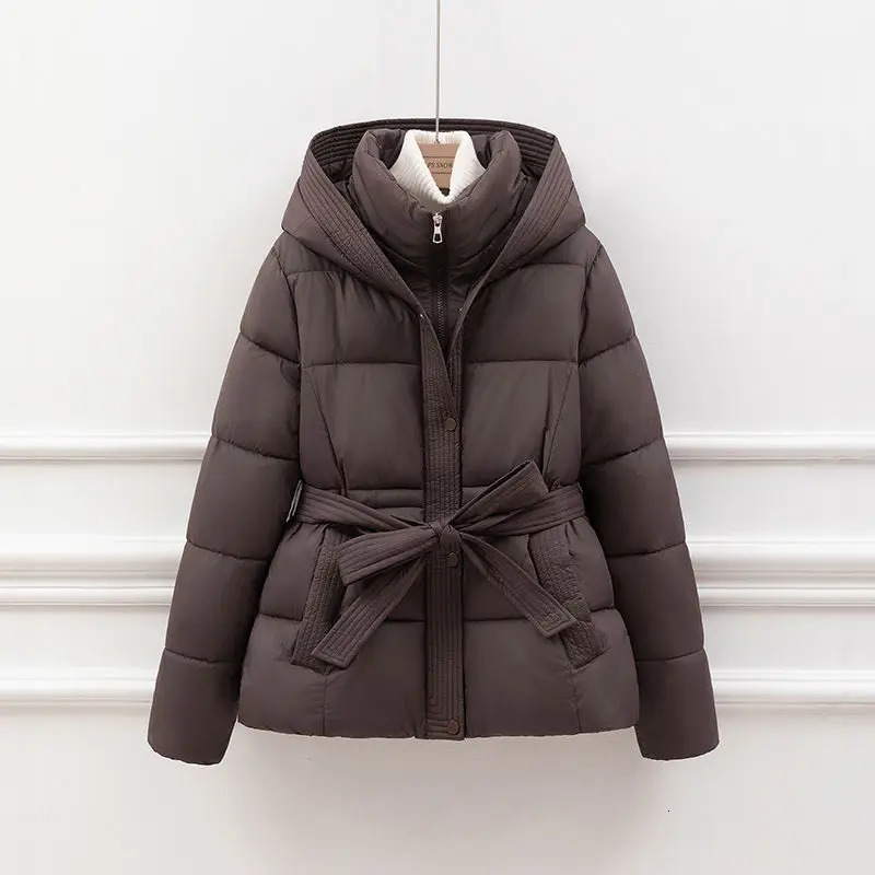 2026 Winter Jacket Women Warm Parkas Long Sleeve Tops Casual Cotton Padded Jackets Belt Black Brown Hooded Outwear Female260921
