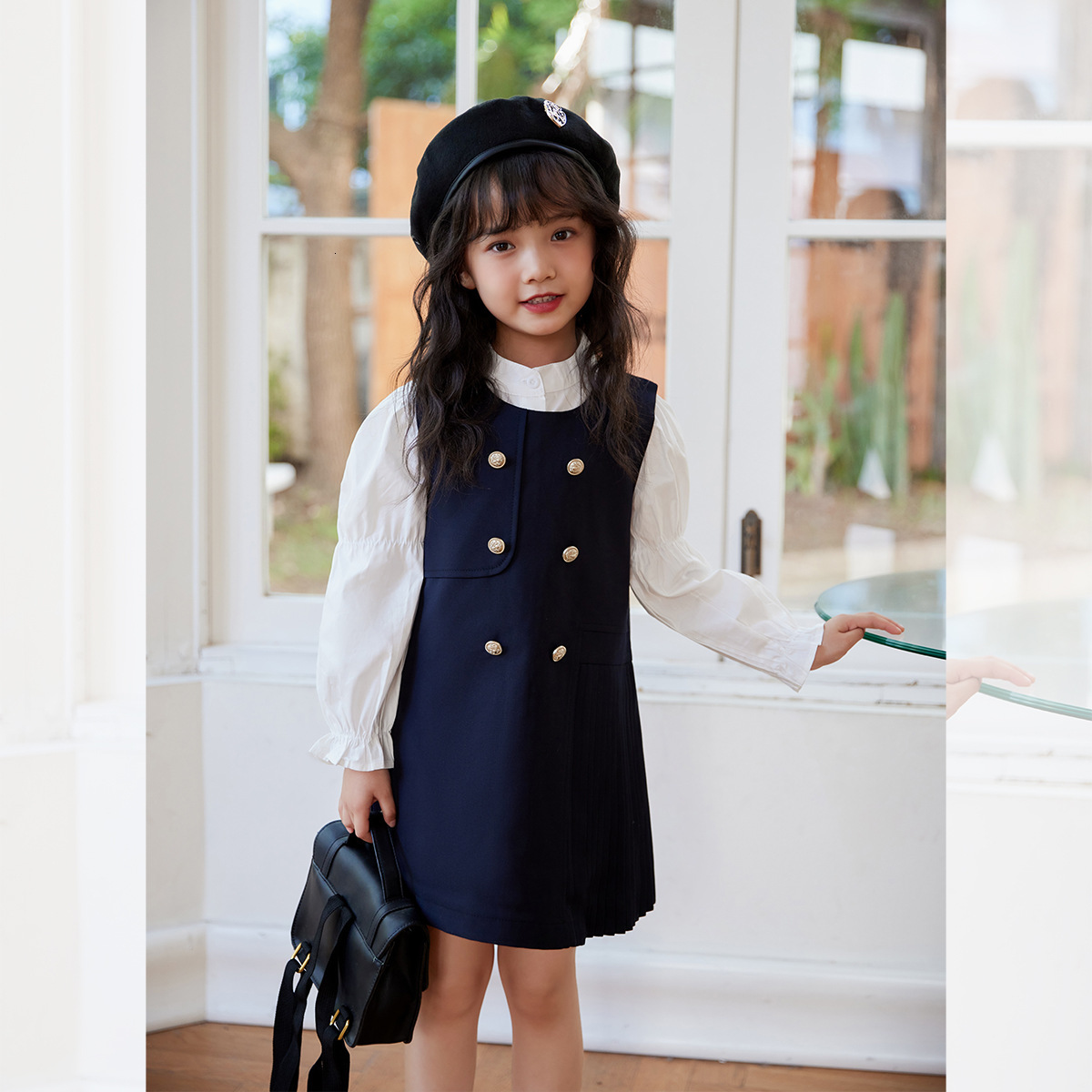 Ready-to-ship girls' autumn striped dress with new sleeve design, double-breasted shirt Korean college style, puff sleeves
