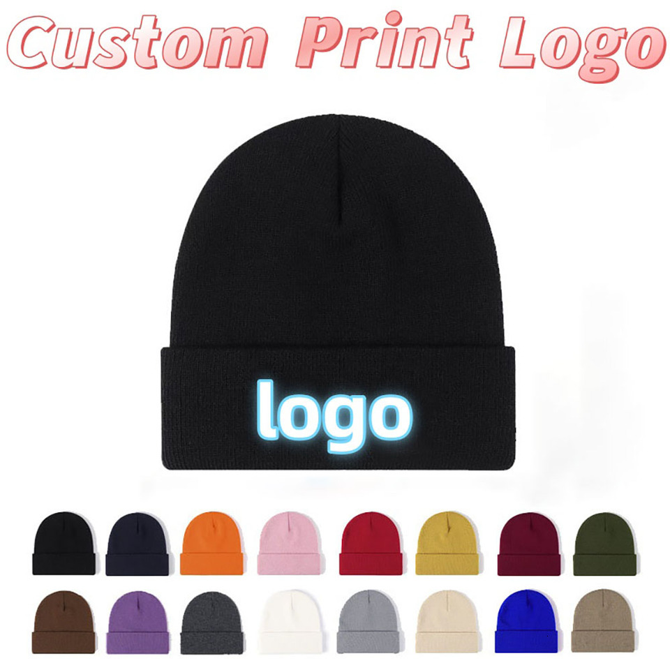 Customized Printed Logo Winter Knitted Keep Warm Cold Cap Unisex Solid Color Hip Hop Crochet Skull Beanie Hats