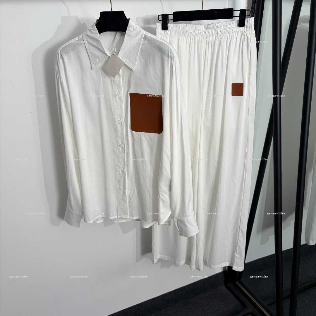 Luxury home Style two Piece Casual Outfit women designer clothes Lapel Logo Single Pocket Long Sleeve Shirt Elastic Waist Wide Leg Trousers Set co o