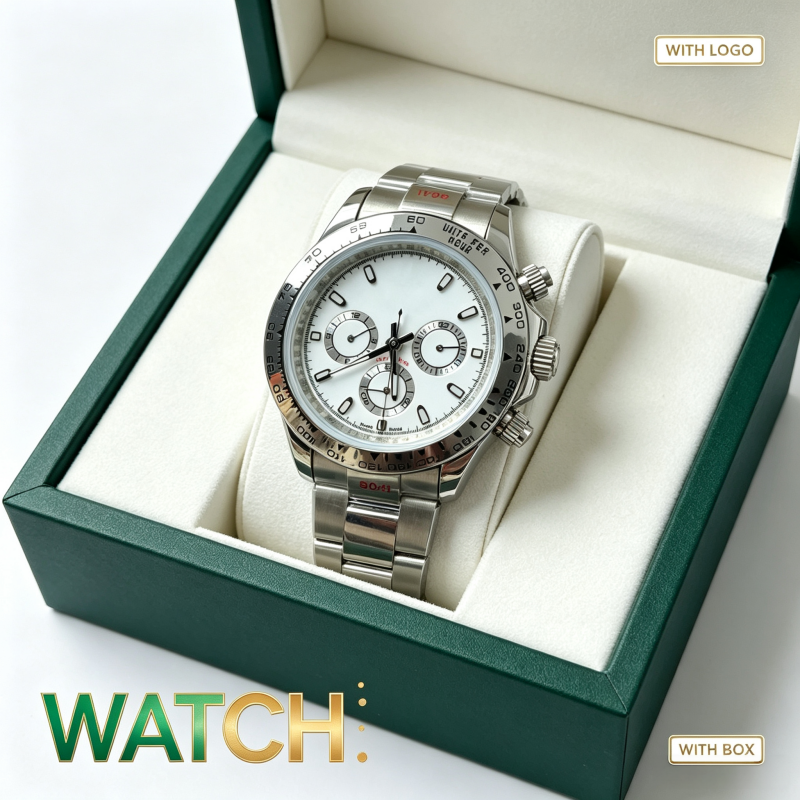 Mens Watch Luxury Moissanite Diamond Chronograph White Dial Silver Stainless Steel Watches Men Designer Waterproof with Box Gift for Him Classic Top