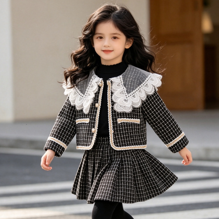 Cross-border children's outfit 2026 spring and autumn new style baby girl's tweed plaid skirt two-piece set drop shipping
