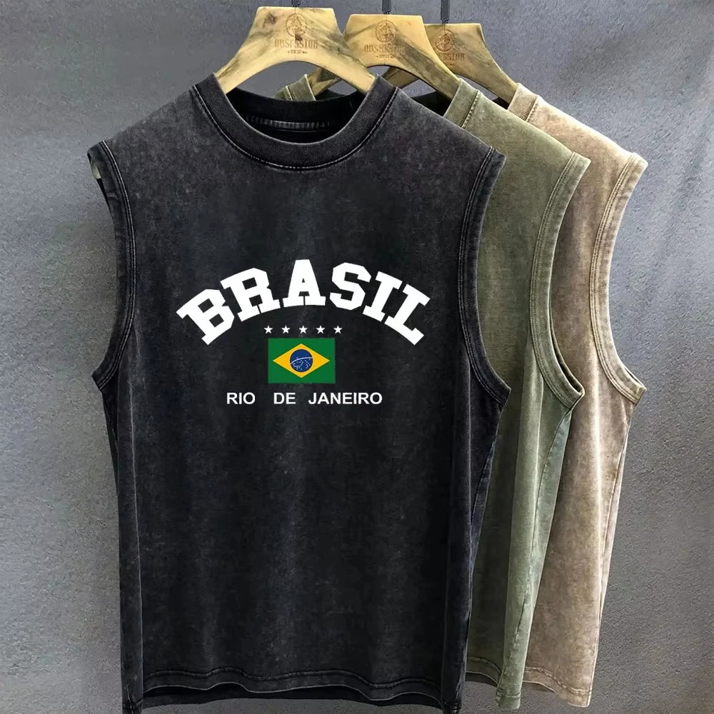 Men's oversized T-shirt vintage washed Brazilian style print sleeveless vest fitness wear Y2K streetwear summer style 260922