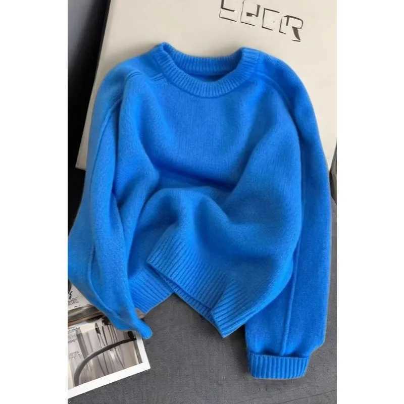 Women's Sweaters Lazy Style Klein Blue Round Neck Inner Wear 2025 Spring New Fashion Temperament Long Sleeve Knitted Sweater Pullover H260923