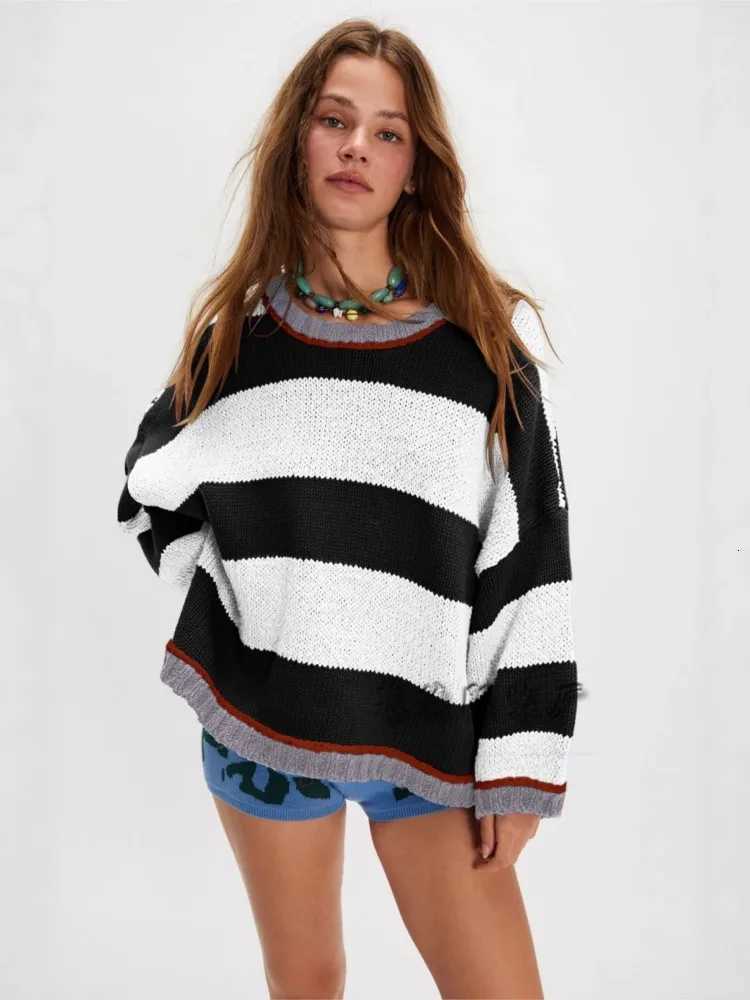 Women's Sweaters Women's Striped Knitted Pullovers Sweaters O Neck Long sleeve Jumpers Y2k Streetwear elegant Splice Knit Tops 2025 Autumn