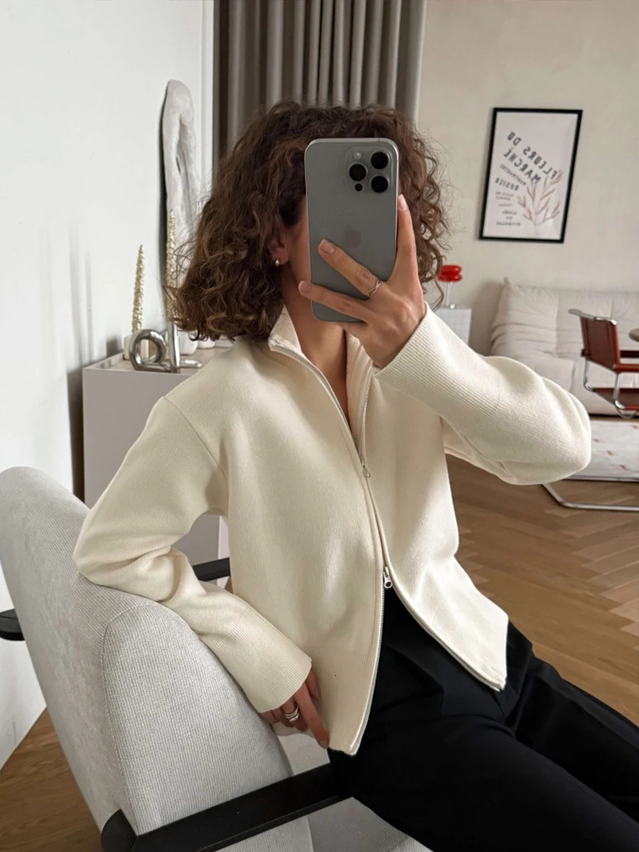 Wolfeel Women's Full Zipper Knitted Cardigan Long Sleeved 2026 European and American Style Loose Casual Daily Basic Top 260923