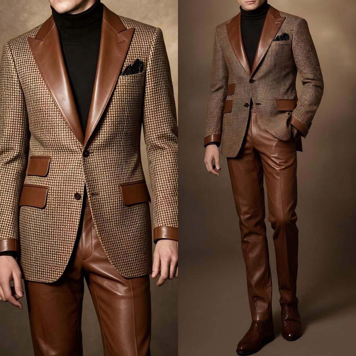 Vintage 2 Pieces Men's Houndstooth Suits Peaked Lapel Wool Blend Blazer Faux Leather Pants Sets Customized Winter Prom Party Tuxedo