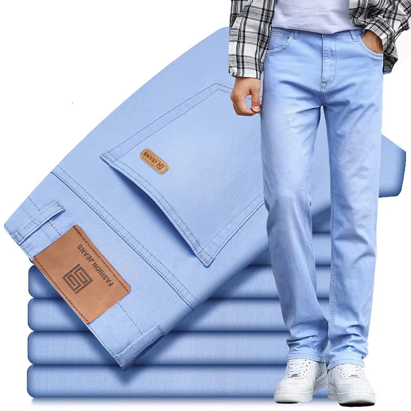 Summer Men's Sky Blue Slim Stretch Jeans Lyocell Thin Style Fashion Casual Ice Silk Denim Pants Male Trousers 260921
