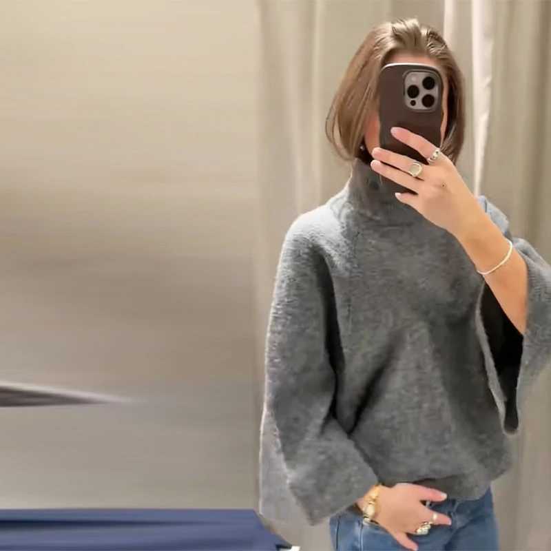 Women's Sweaters Women's Knitted Solid Grey Cape Pullover Long Sleeve High Neck Loose Sweater Autumn Winter Outwears 2026 New Lady Streetw