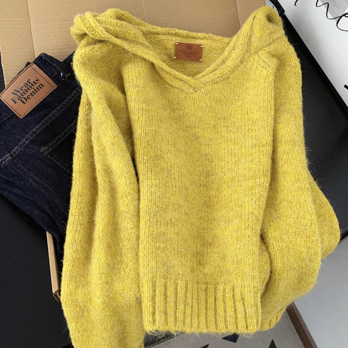Women's Sweaters Korean Style Simple Hooded Knitted Sweater Women's Autumn Winter Lazy Style Casual Versatile Pullover Solid Color Versati