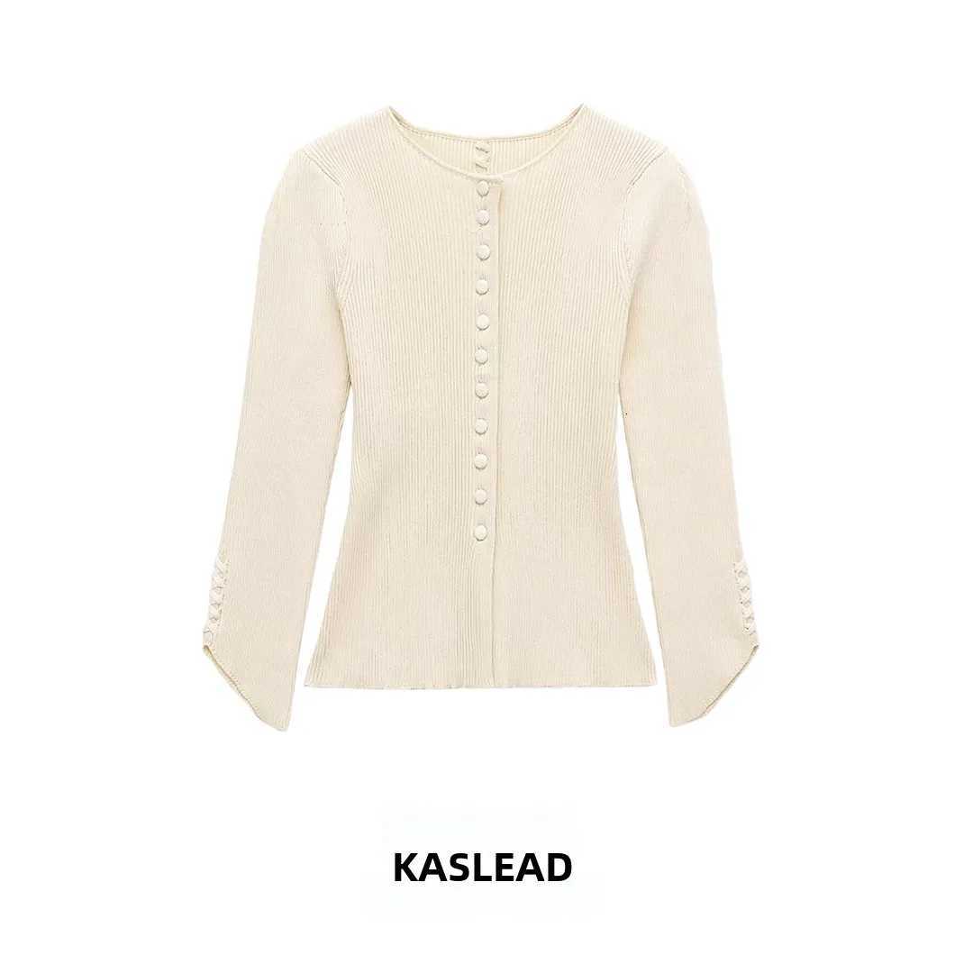 Women's Sweaters KASLEAD New Women's Fashion Simple round Neck Bubble Sleeve Knitted Jacket Polyester Fiber Long Sleeve Cardigan European