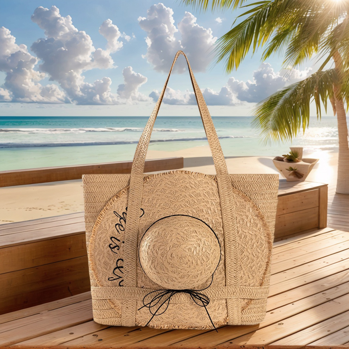 Summer Large Capacity Totes With Cap Beach Straw For Women Vacation Style Female Bohemia Woven Bag Set Trend Shopper Handbag KABAHEBINGJUE