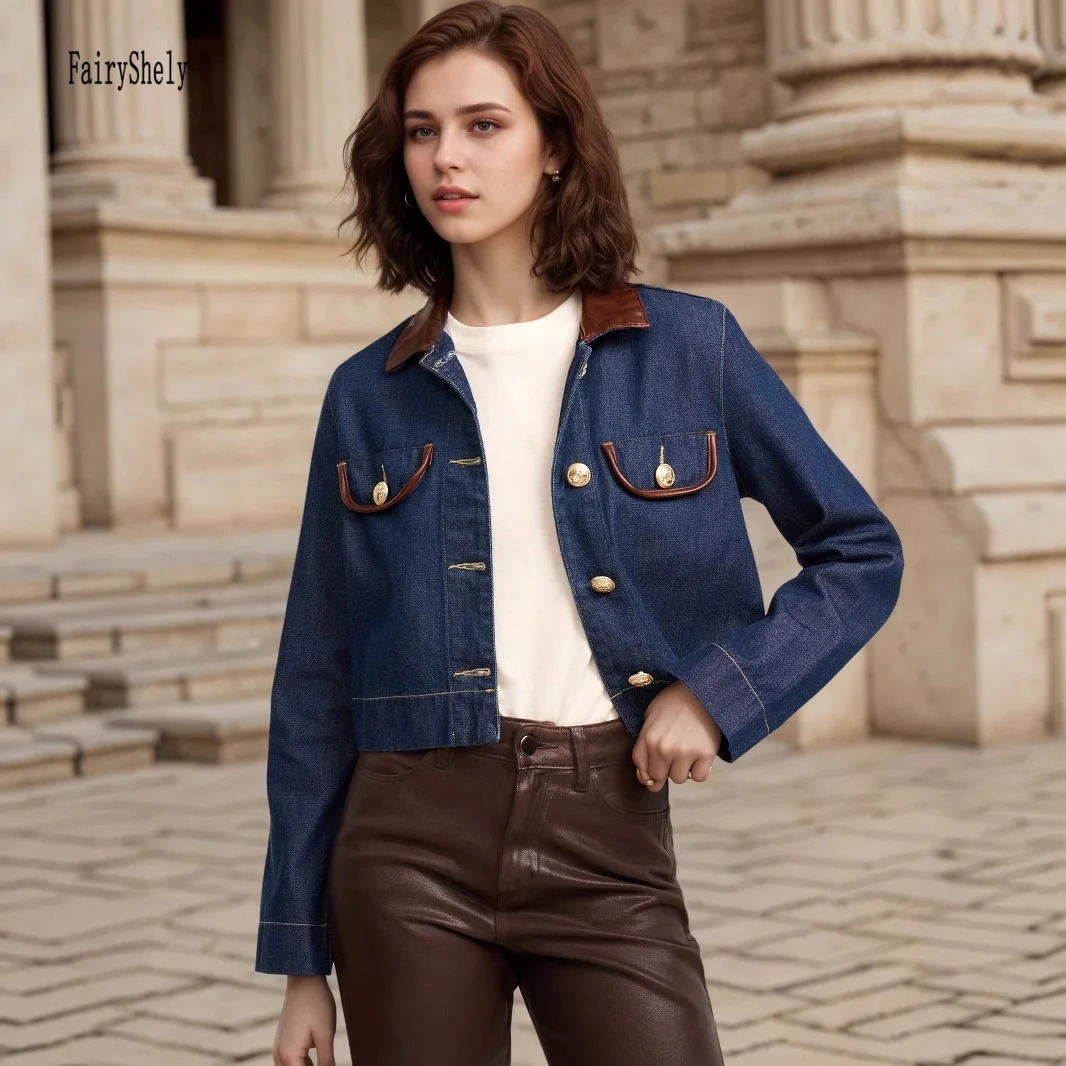 2026 Winter Women Navy Blue Short Demin Jacket Female Pocket Long Sleeve Cropped Coat Ladies Street Turn Down Collar Jean 260921