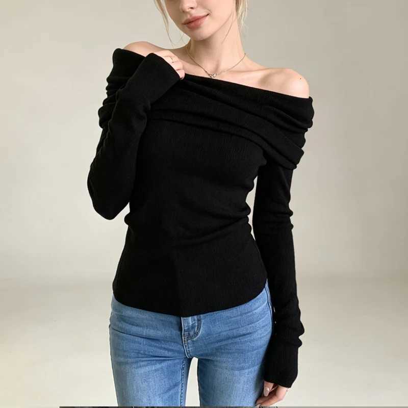 Women's Sweaters 2026 Casual Solid Color Off Shoulder Knit Top Long Sleeve Slim Fit Chic Base Layer Autumn Winter Elegant Pullover Sweater H260