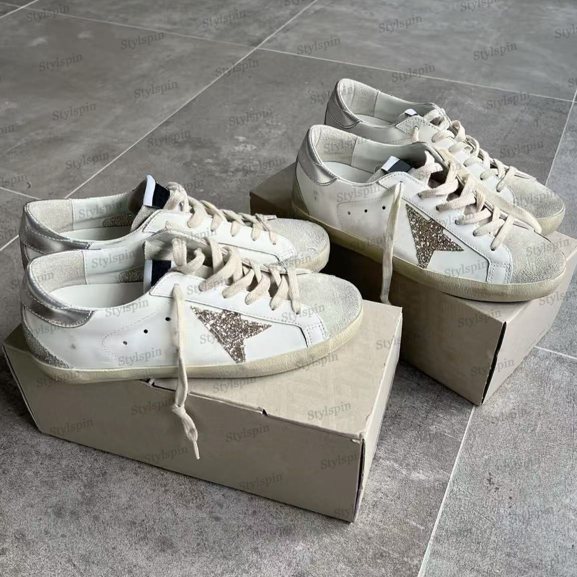 Super Star Shoes Designer Men Women Vintage Leather Sneakers Lace-up Flat Shoes with Star Decoration Worn Effect Casual Footwear With Rubber Sole Fo