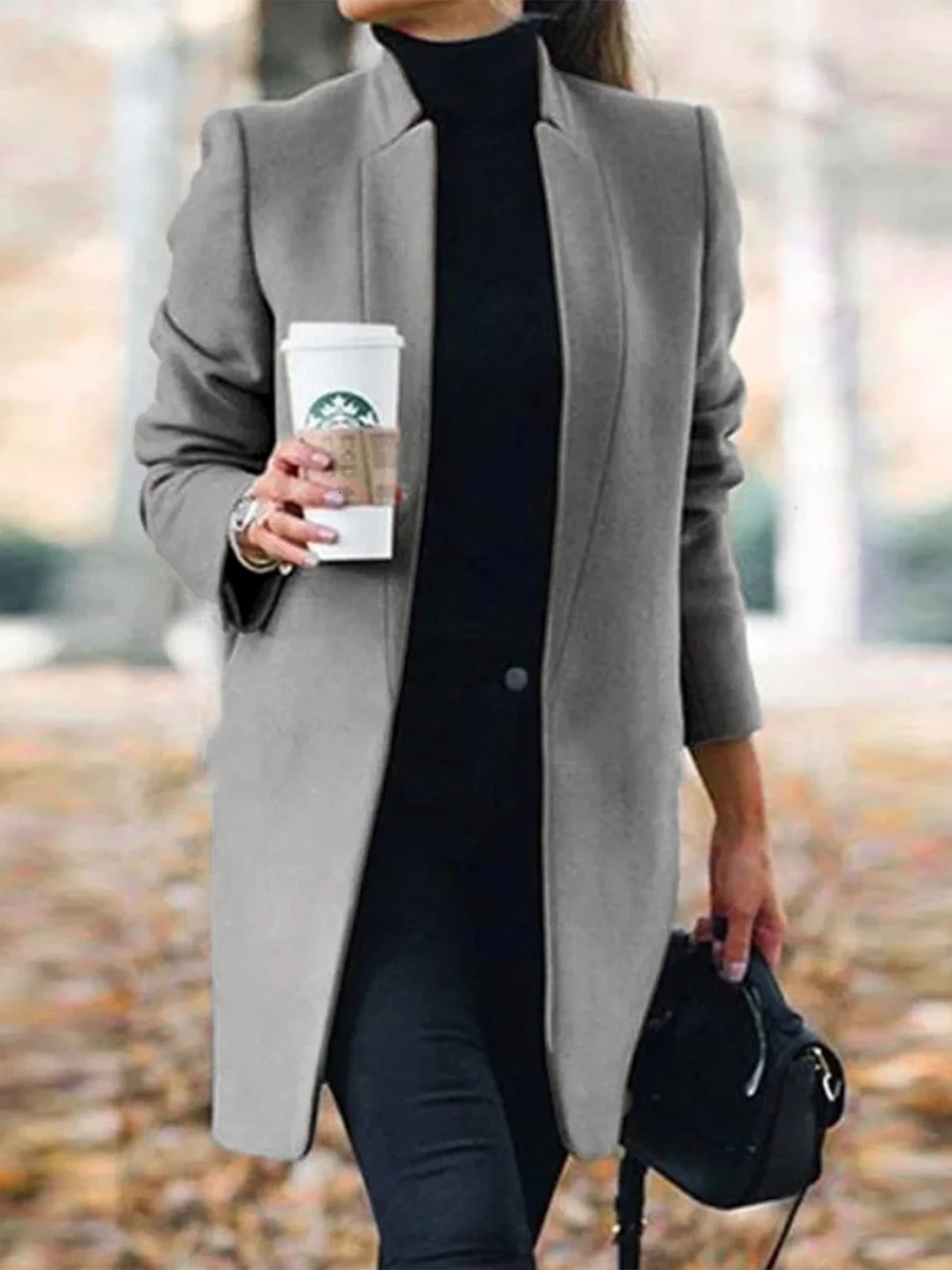 Women's Autumn Winter Grey Wool Blend Coat Single Breasted Mid Long Warm Fashion Korean Style Jacket Trench Overcoat 260911
