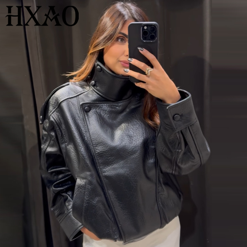 HXAO Faux Leather Black Jackets For Woman Arrival Cropped Oversize Bomber Jacket ZipUp Long Sleeve Coats Motorcycle 260908