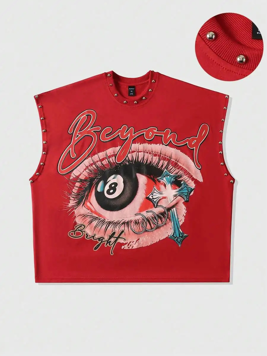 Hip-hop Street Loose Men's Summer Sleeveless Vest Fashion Retro American 8th ball Print Casual Y2K Rivet n T-shirt 260922