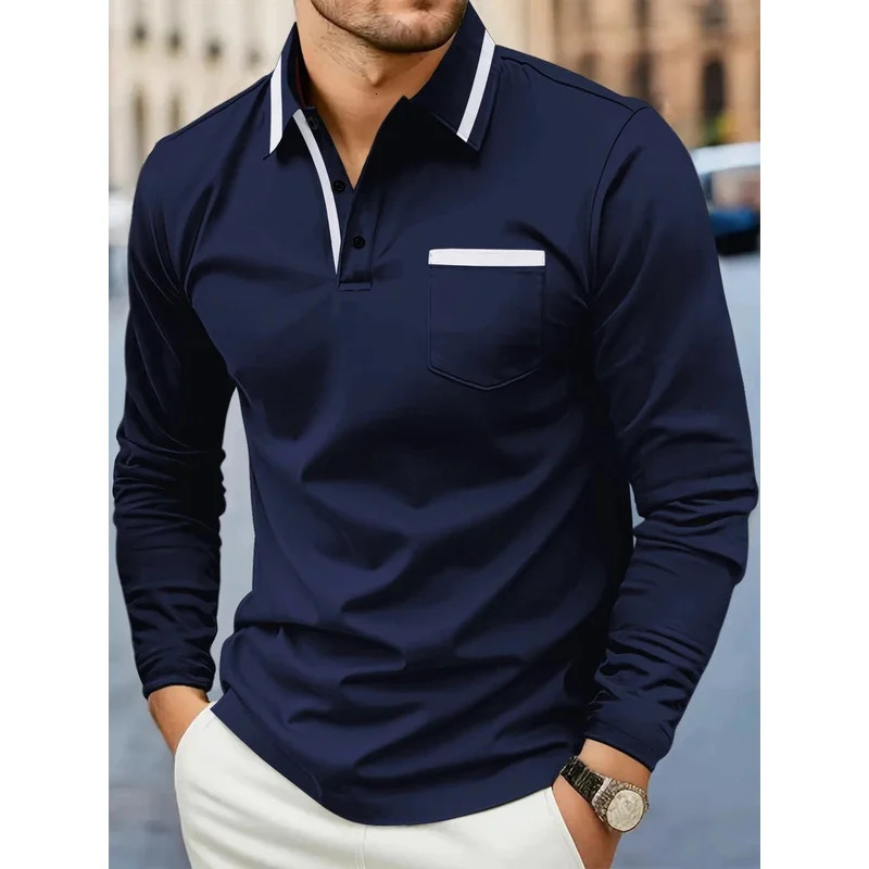 A -selling fashionable golf men's lapel pocket comfortable casual and sporty solid-color long-sleeved breathable top in Spr 260920