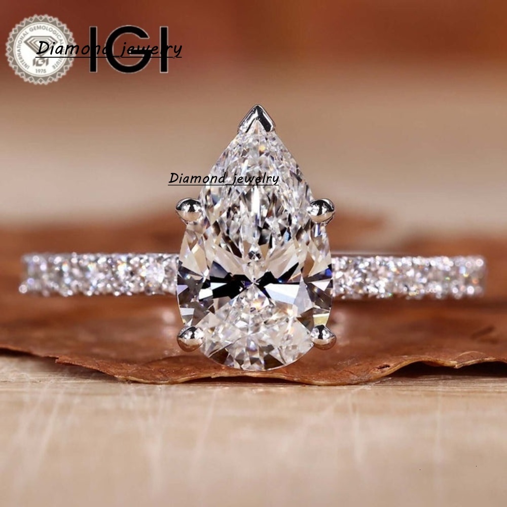 IGI Certified Vvs Lab Grown Diamond Engagement Ring Women Custom Pear Lab Created Made Diamond 18K Gold Pave Ring